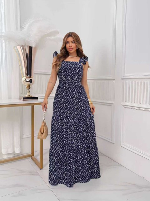 Vestido longo elegante duna alças babado floral evangelico