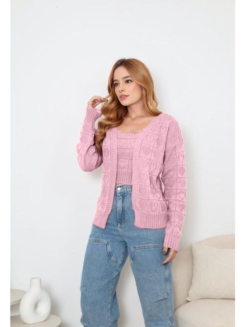 Conjunto Casaco Tricot E Regata Croped Kit Twin Set Coração