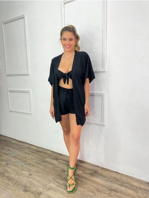 Conjunto 3 Peças Kimono Short Cropped Estampa Floral C Bojos