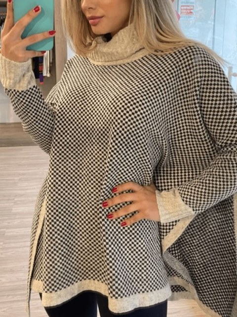 Poncho Feminino Xadrez amanhã Longa Tricot Gola Alta Inverno