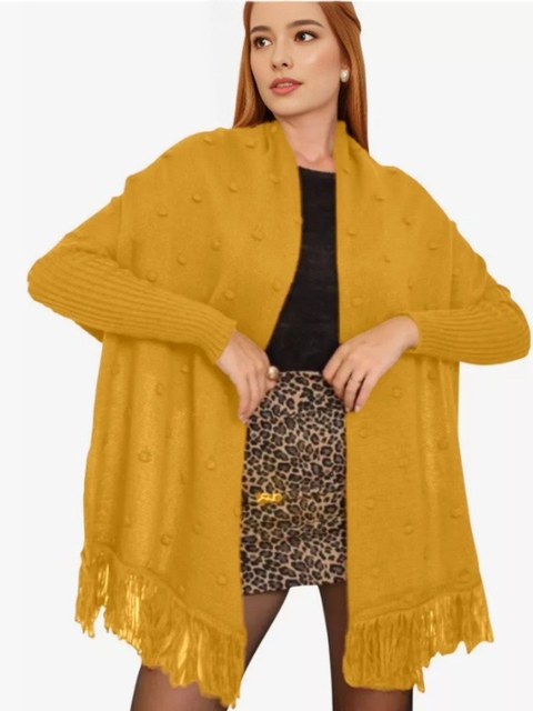 Blusa Poncho Kimono Trico Capa Franja Outono Inverno Feminin