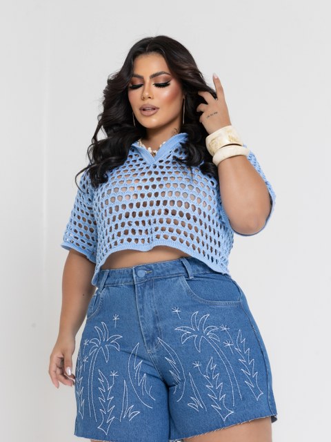 SHORT JEANS PLUS SIZE BORDADO COQUEIRO