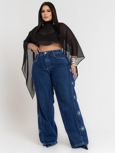 CALÇA JEANS PLUS SIZE FEMININA WIDE LEG BORDADA