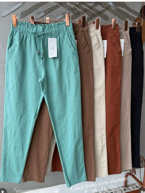 Calça com elástico tecido linho feminina    Enzo