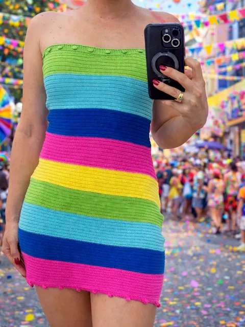 VESTIDO CARNAVAL VIRGINIA TRICOT COLORIDO CROCHÊ MODAL