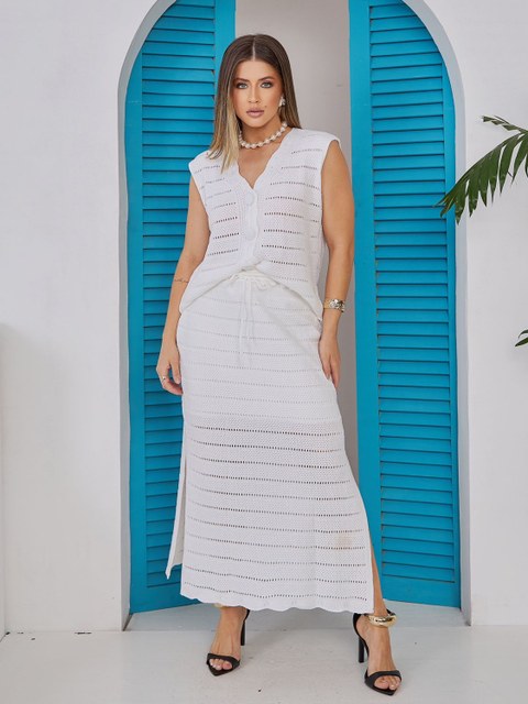 Conjunto Saia Longa e Camisa Regata Botão Tricot Verão Festa