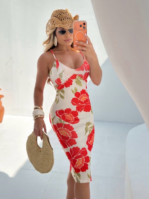 Vestido mídi com bojo estampado