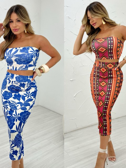 Conjunto feminino saia mid + tomara que caia com bojo