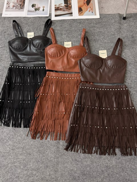 Fancy Midas conjunto couro saia franja
