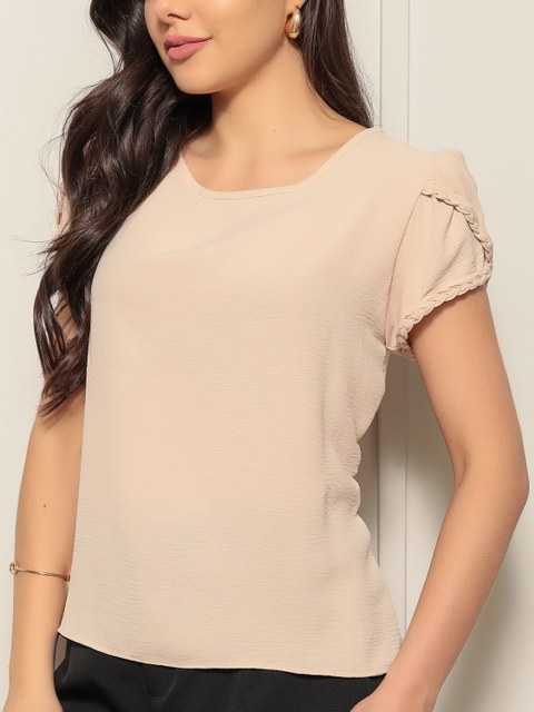 Blusa Feminino Manga Curta Com Manga Barbado e Trançada 3057