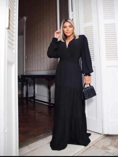 Vestido Rebeca manga longa viscose com forro decote V