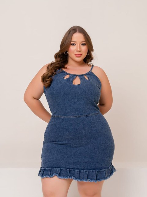 Vestido Jeans com lycra Plus Size com decote em gotas