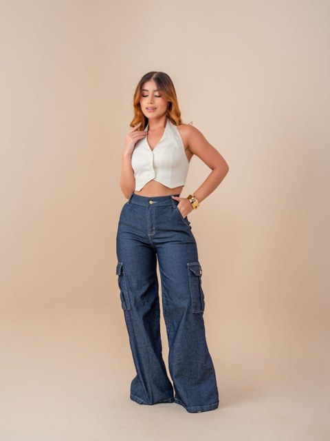 Calça Pantalona Cargo  jeans com lycra
