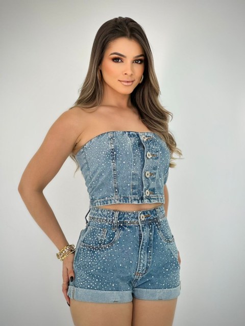 Conjunto jeans com pedra feminina