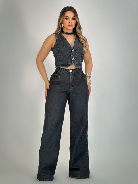 Conjunto jeans grafite feminina