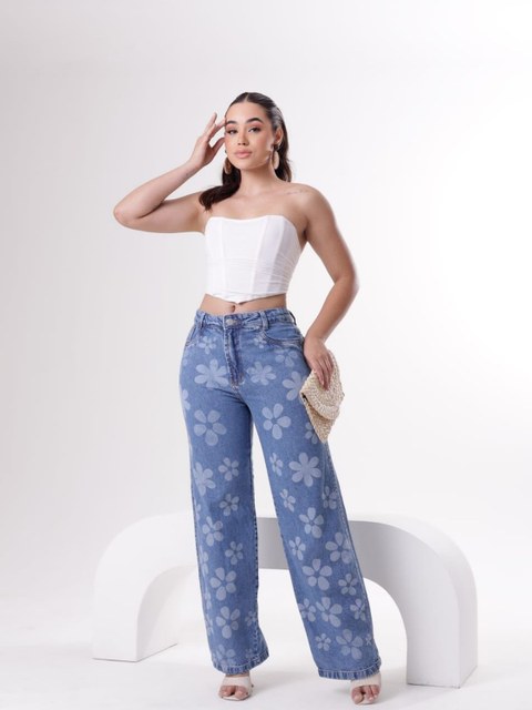 Calça jeans wide leg bordado feminina