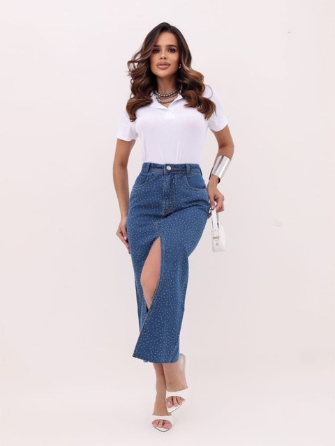 Saia midi jeans com pedra feminina