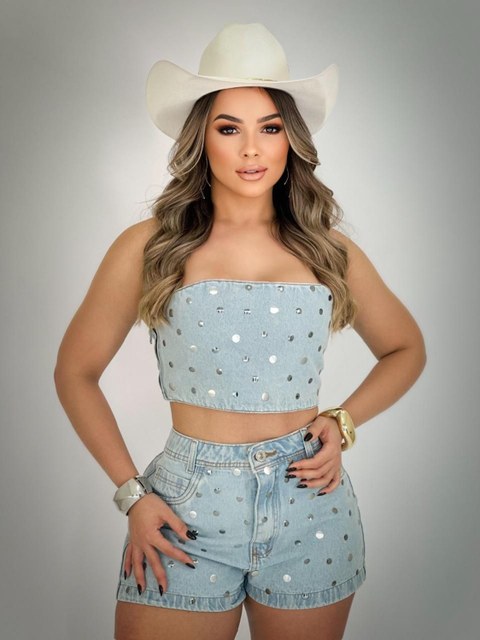 Conjunto jeans com pedra feminina