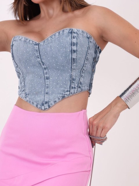 Cropped jeans com pedra feminina