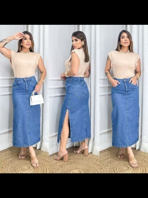 Saia jeans midi abertura lateral feminina