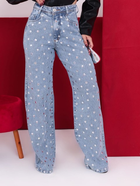 Calça jeans wide leg lantejoulas feminina