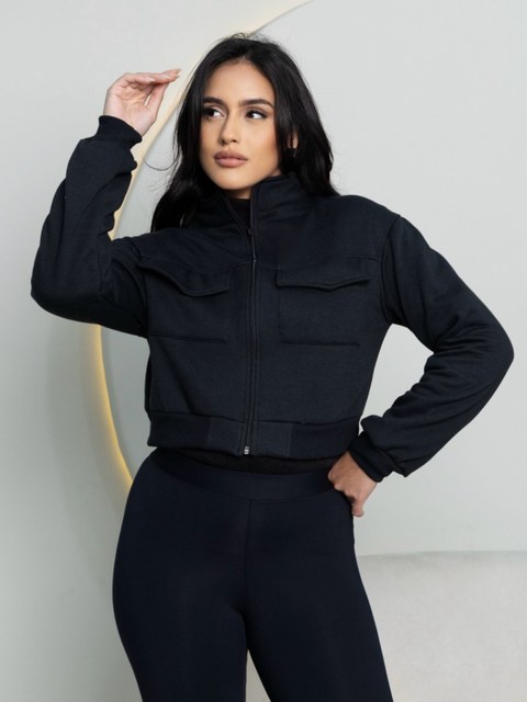 Moletom cropped feminino com zíper e tampinha