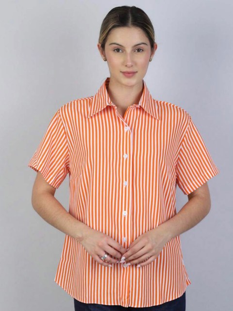 Camisa longo feminino com botao listrado de tecido tactel