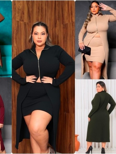 Conjunto Feminino Plus Size Cardigan + Saia Midi com Fenda