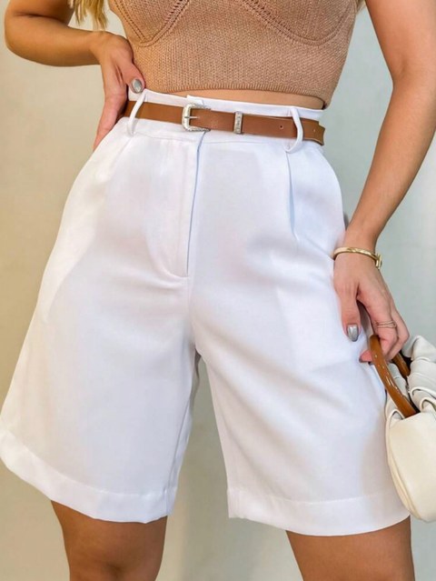 Amanda & Hu Fashion Frenchy Dobrar Plissado Bolso Inclinado com botões e zíper aberto Bermuda feminina com cinto