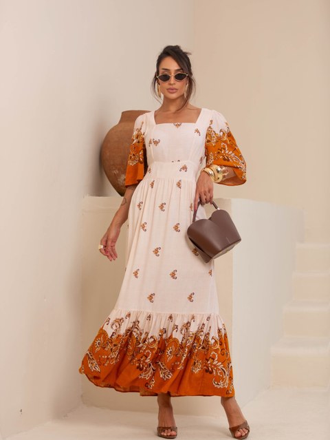 Vestido   Estampado Longo Modesto Forrado