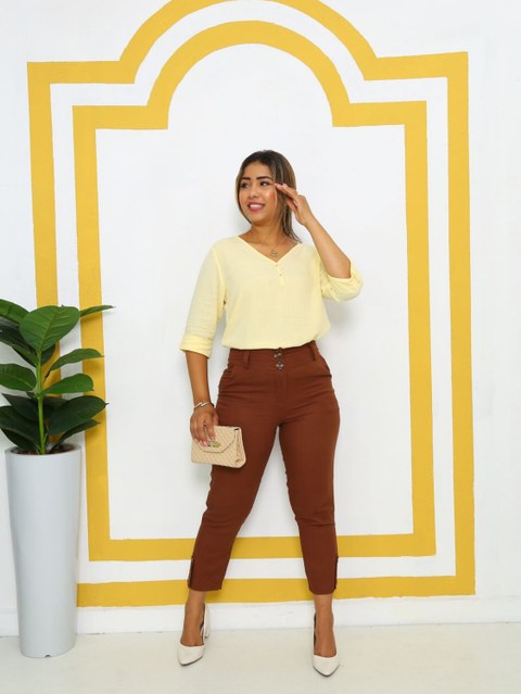 Blusa meia manga 3/4 liso feminino visco linho golaV