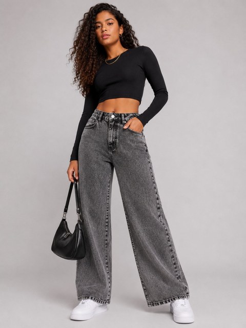 Calça jeans Wide leg  grafite marmorizada