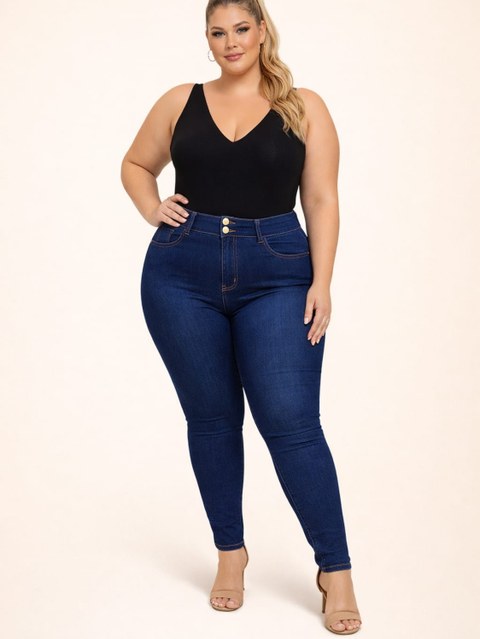 Calça skinny Plus size cintura alta com elastano