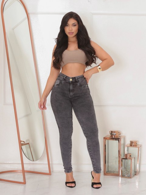 Calça jeans grafite marmorizada cintura alta premium