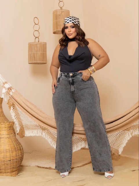 Calça Wide leg Plus size Grafite marmorizada
