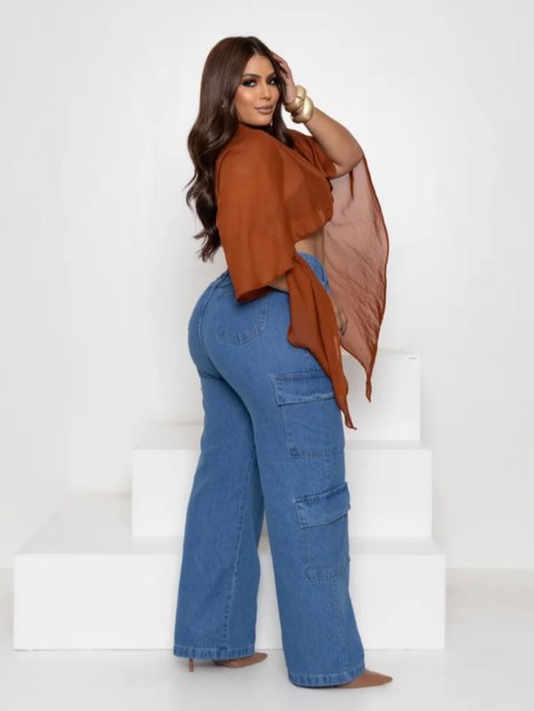Calça jeans Wide leg super cargo Plus size premium 290