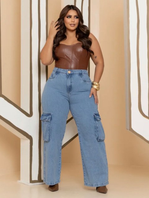 Calça jeans Wide leg super cargo Plus size cintura alta 291