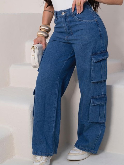 Calça jeans Wide leg cargo 4 bolsos funcionais