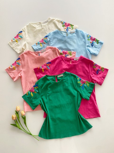 Blusa linho manga bordado Isabella moda
