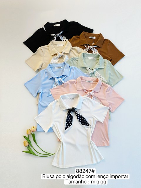 88247# Blusa polo algodão com lenço Isabella moda