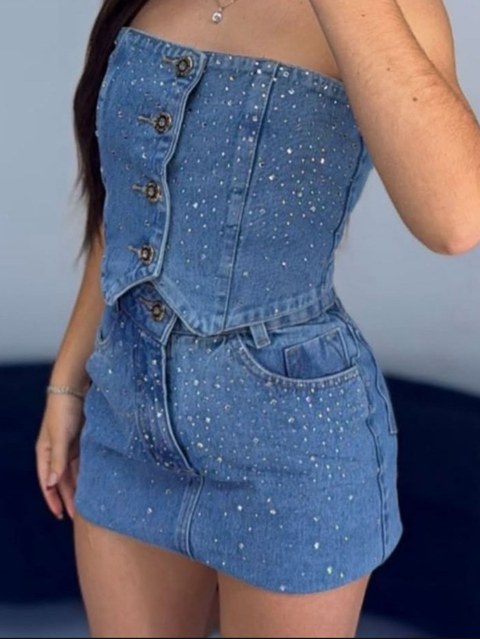 Conjunto jeans top com saia