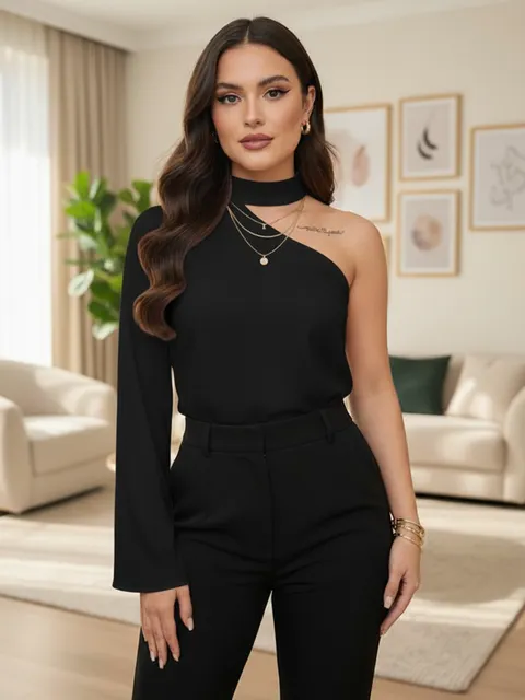 Blusa Seline Manga Longa em Marrant Linho Com um Ombro só