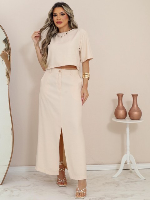 Conjunto Feminino Karol Blusa e Saia com Fenda e Bolso