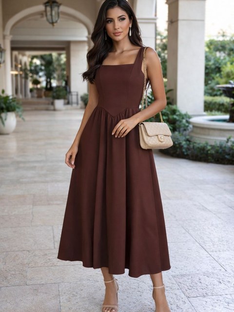 Vestido Flor Midi Tecido Alfaiataria Elegante - Lançamento