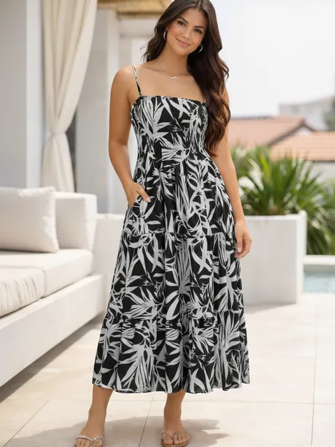 Vestido Midi Floral Tropical em Crepe de Seda