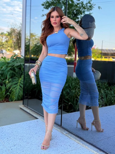 Conjunto Primareva Tule Forrado Cropped com Saia Midi