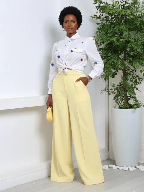 Calça Alfaiataria Fany Pantalona Cintura Alta Elastico Atras