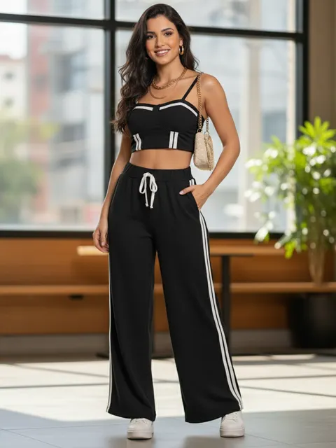 Conjunto Marrant Listras Laterais – Top e Calça Pantalona