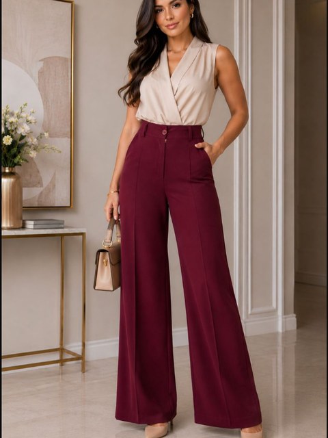Calça Aline Pantalona Alfaiataria Feminina  Social Elegante