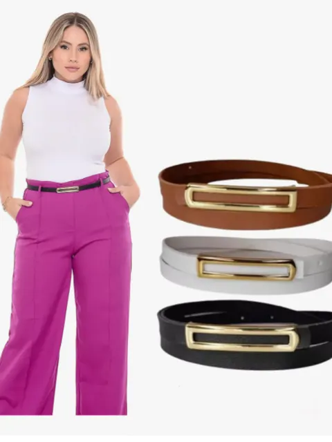 Cinto de Couro Sintético com Fivela Prata Quadrada 2025